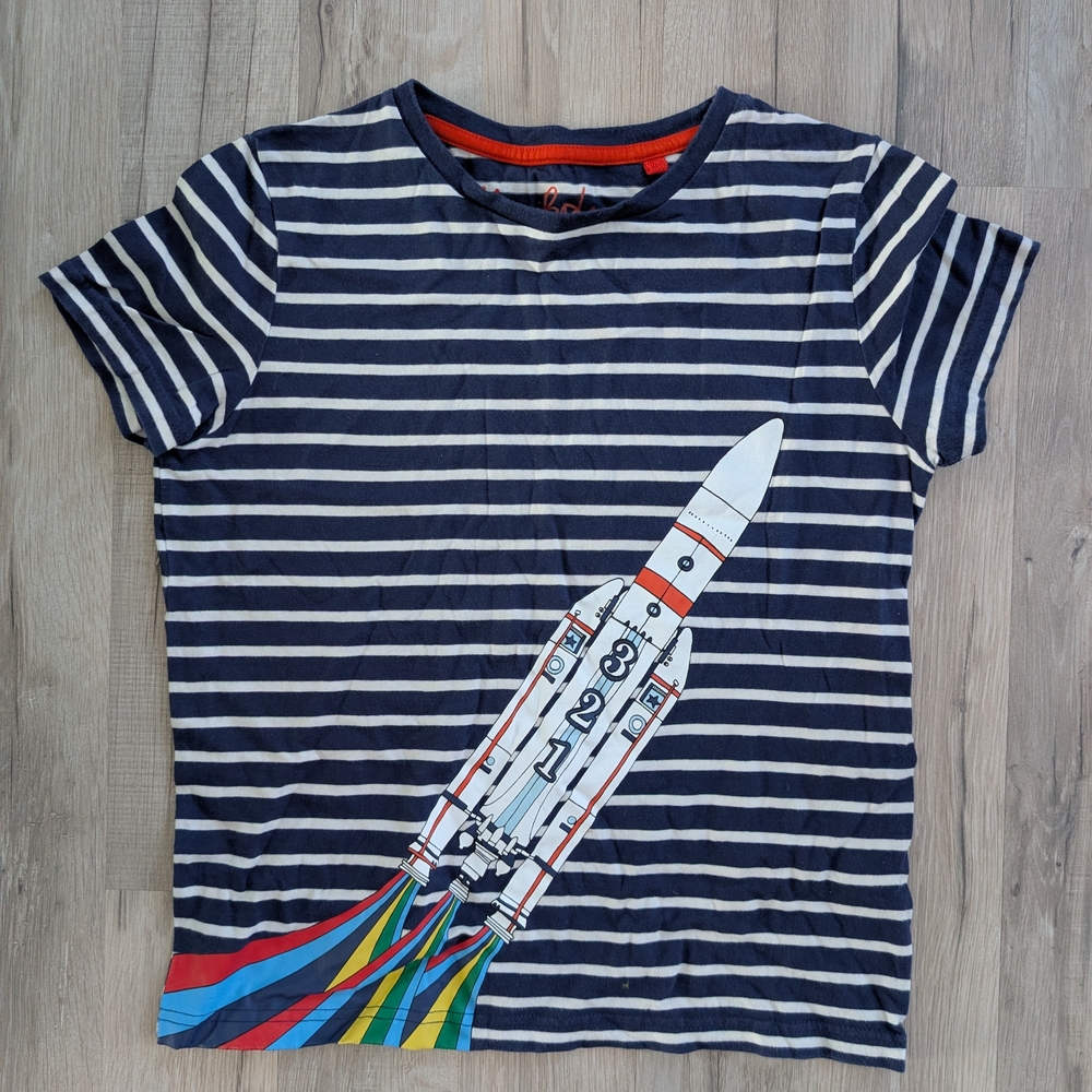 Mini Boden Navy Striped Rocket Shirt, 9-10Y (V3)